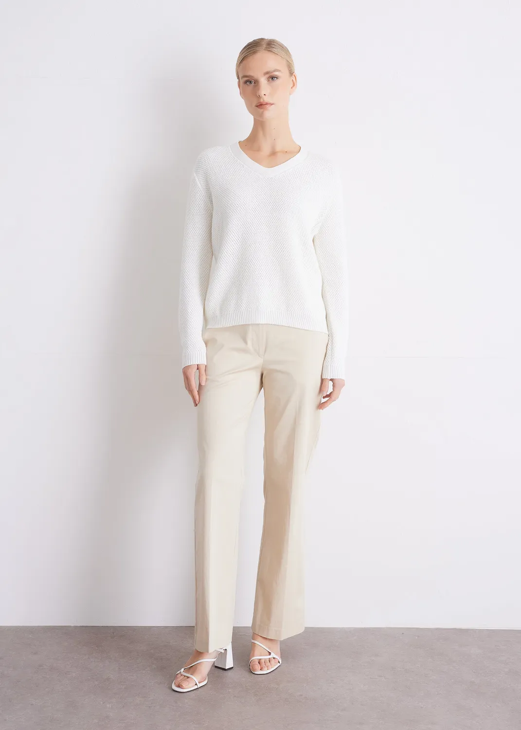 Senatex Baumwollpullover V-Ausschnitt Pullover Cream Bio-GOTS