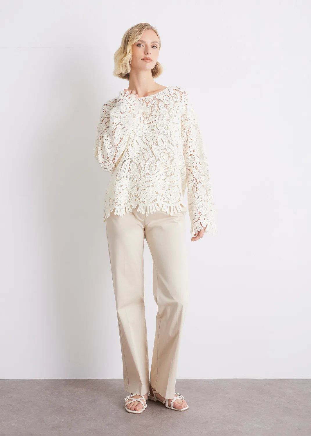 Senatex Floraler Lochstrickpullover Wolle Cream