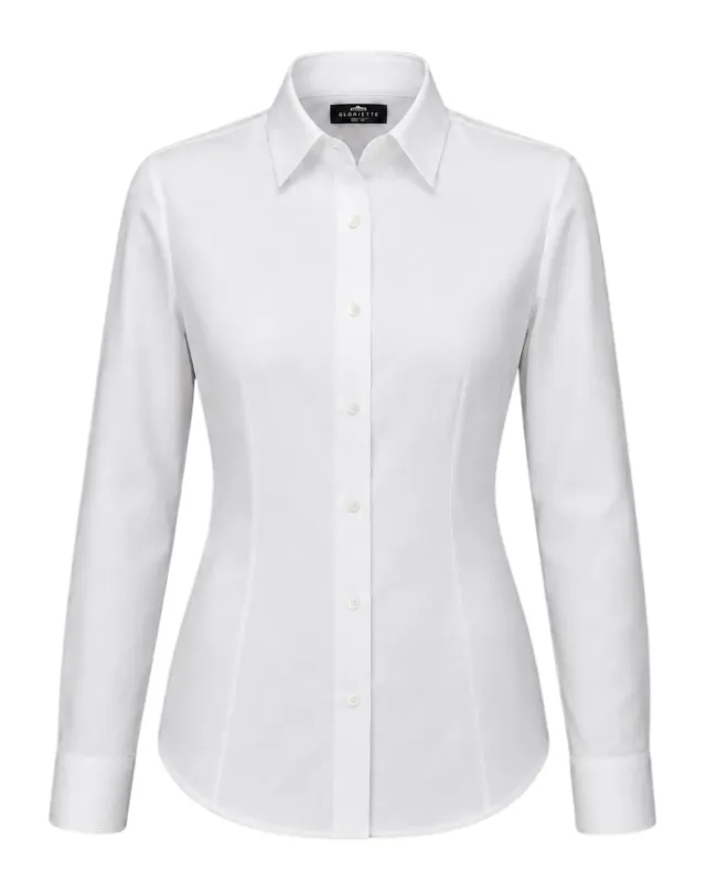 Gloriette Perl-Oxford Bluse Damen Langarm Weiß Baumwolle