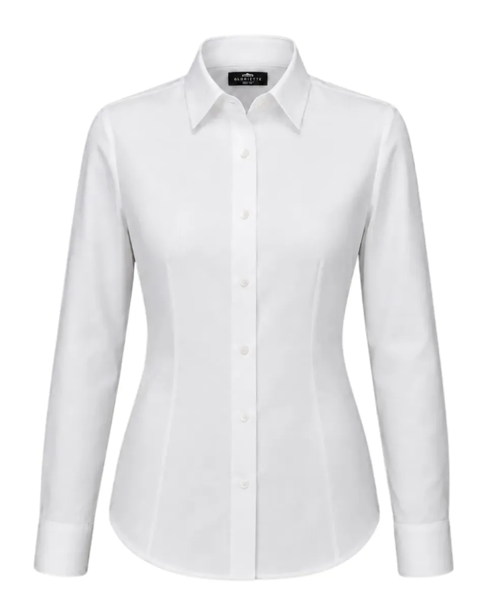 Gloriette Perl-Oxford Bluse Damen Langarm Weiß Baumwolle