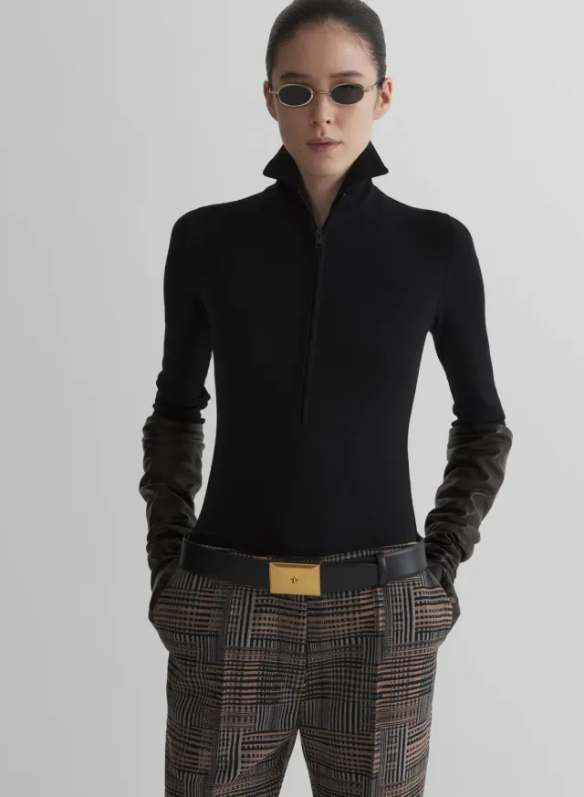 Mugler Column Jersey Top Schwarz Langarm Stehkragen