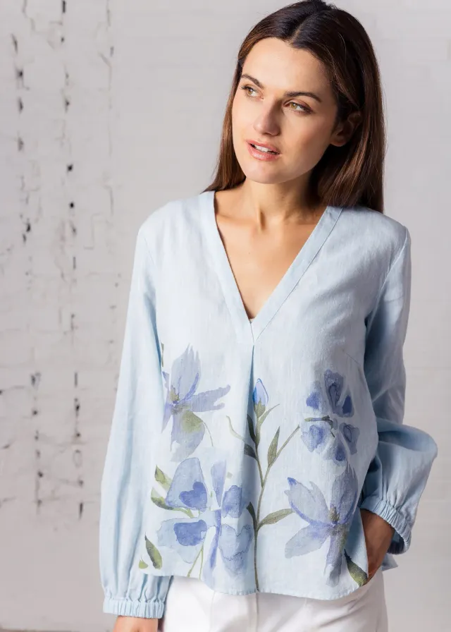 Senatex Bluse floraler Druck Sky Blue Ramie-Lyocell