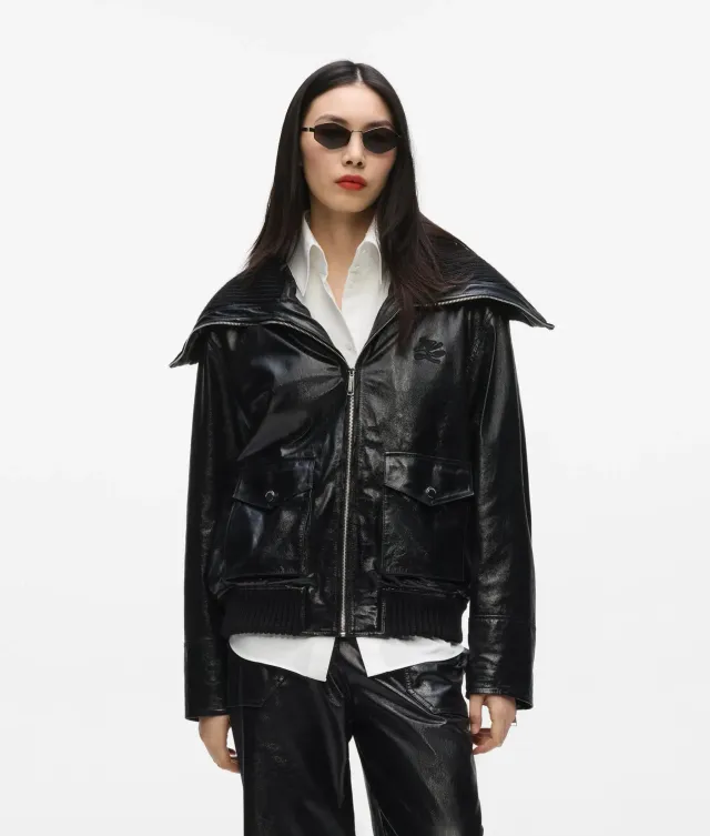 Karl Lagerfeld Strickkragen Lederjacke Ziegenleder