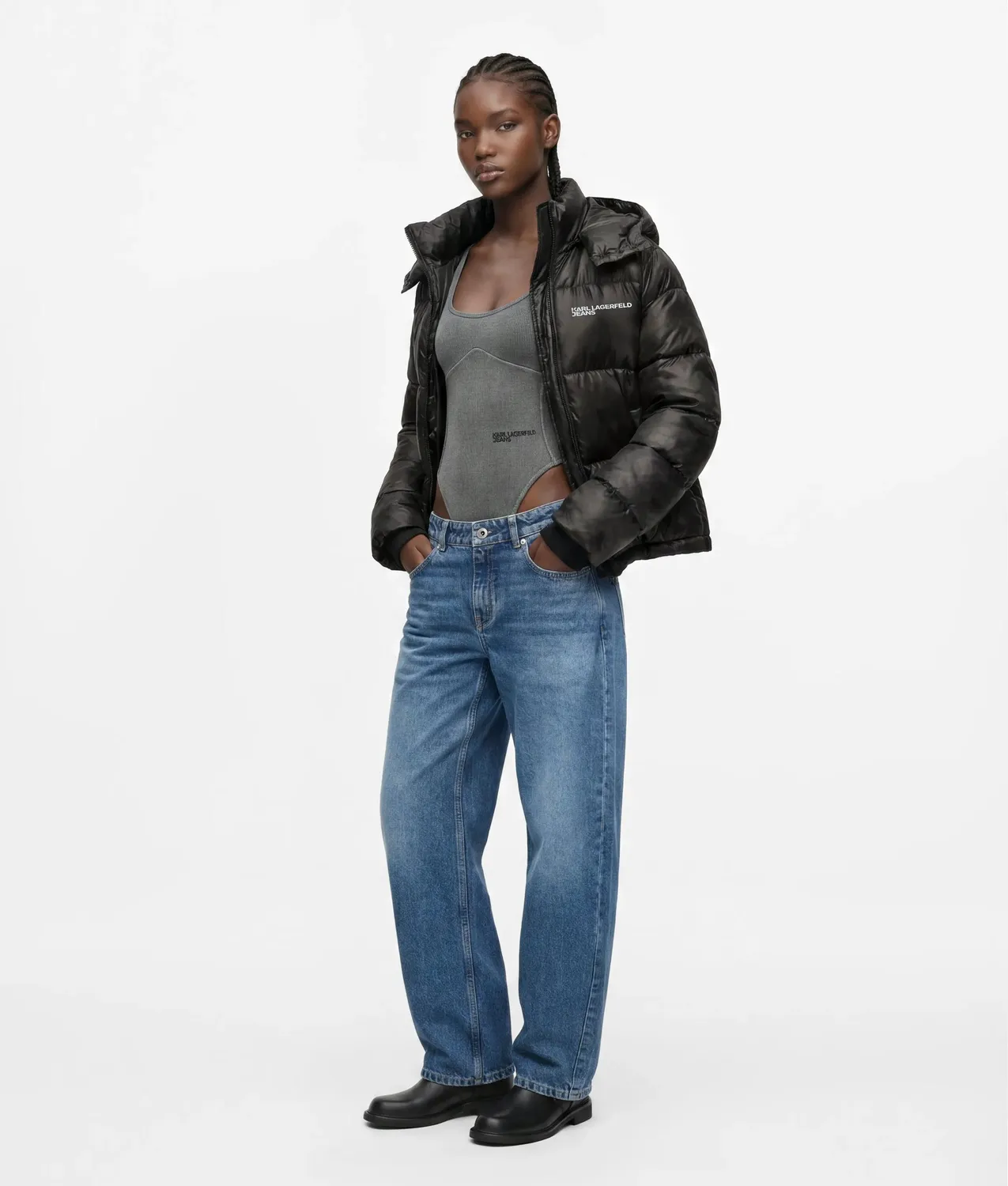 Karl Lagerfeld Jeans Cropped Pufferjacke glänzend mit Kapuze