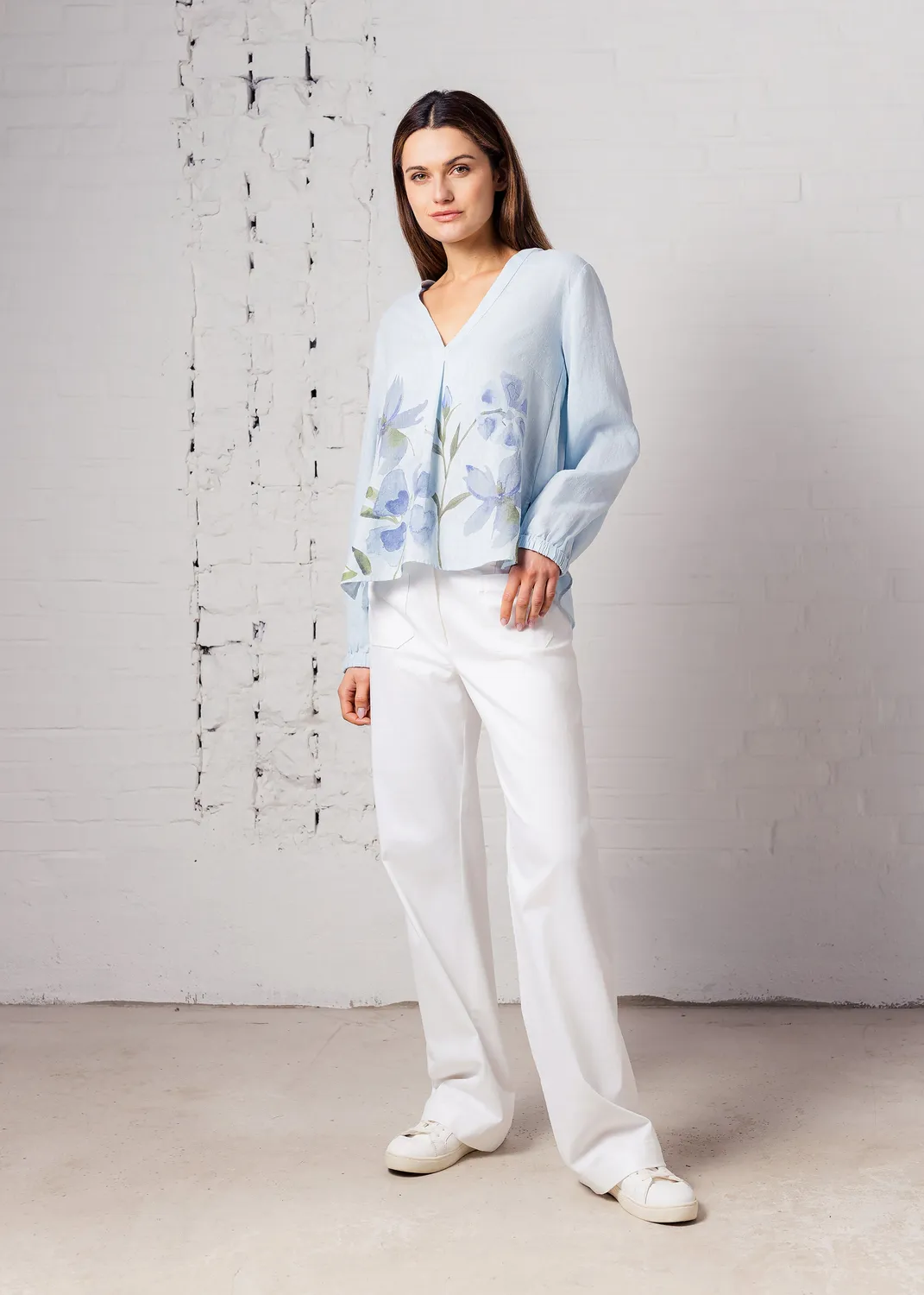 Senatex Bluse floraler Druck Sky Blue Ramie-Lyocell