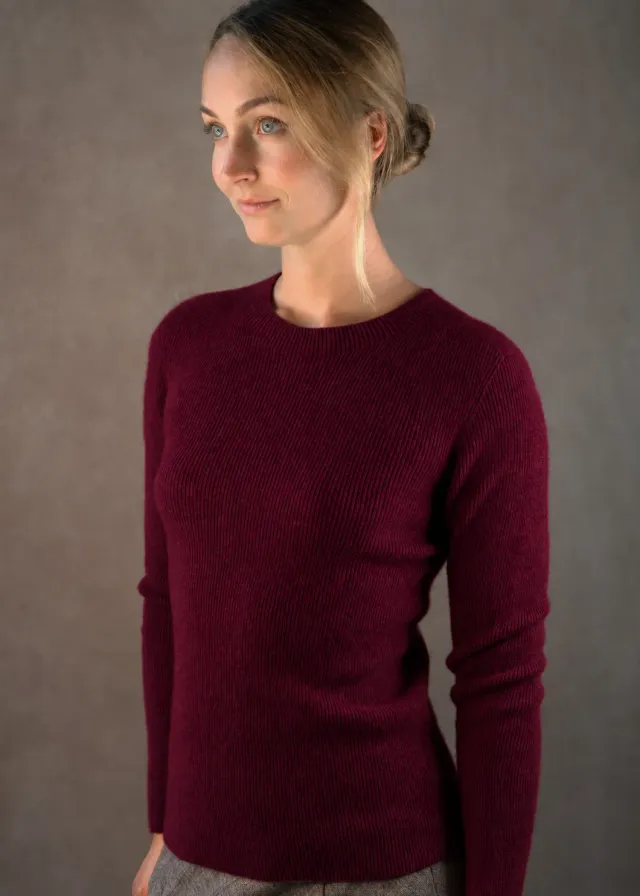 Senatex Kaschmirpullover Rundhals Bordeaux schmal