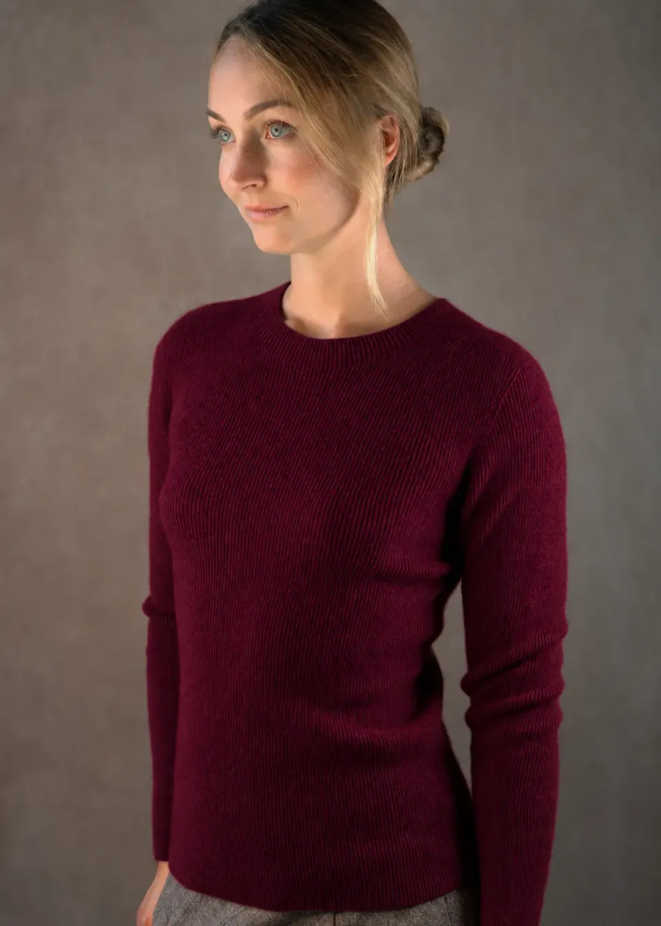 Senatex Kaschmirpullover Rundhals Bordeaux schmal