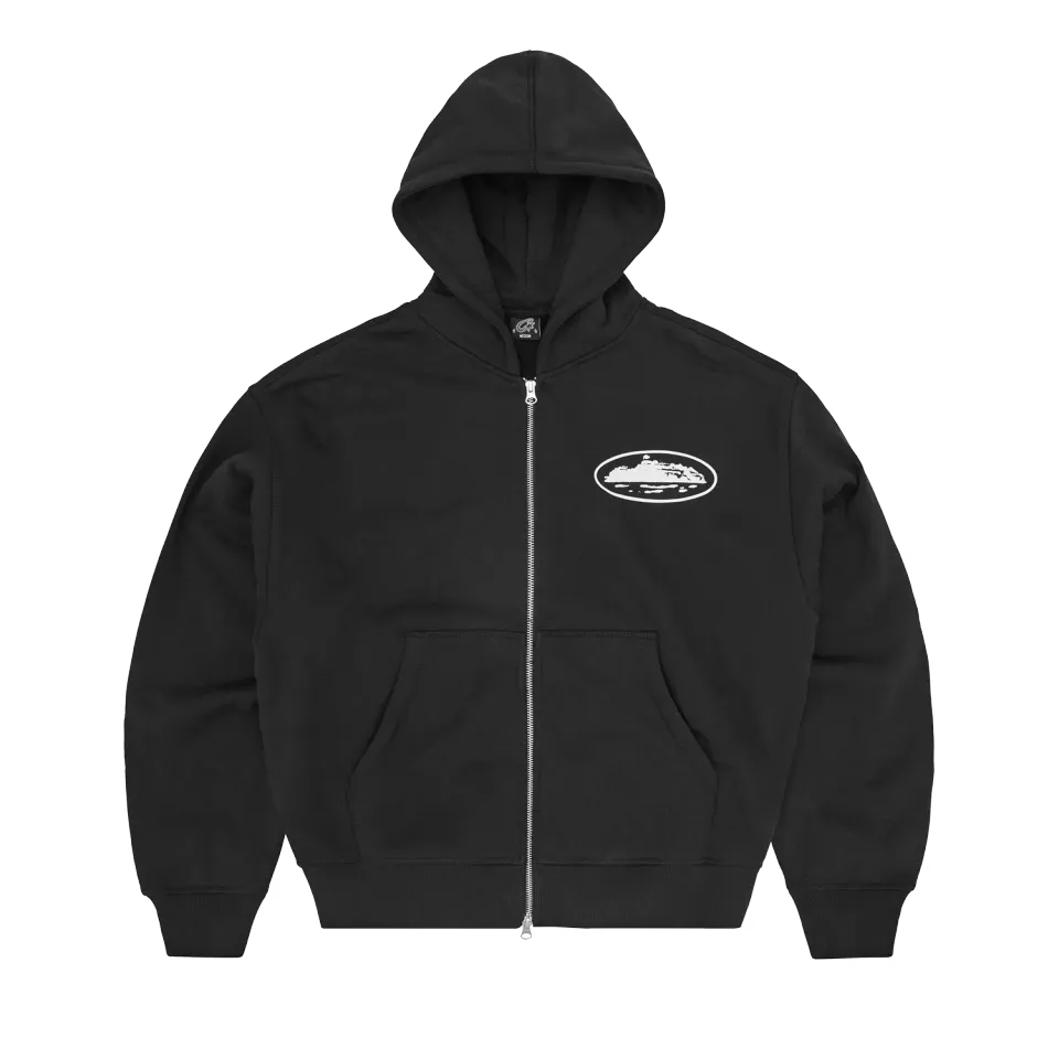 Corteiz Island Puff Print Zip Hoodie Schwarz Boxy Fit