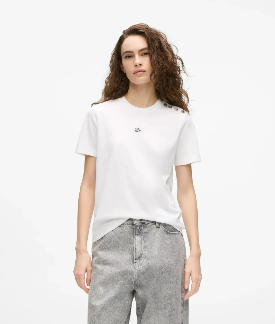 Karl Lagerfeld Autograph T-Shirt Bio-Baumwolle Goldknöpfe