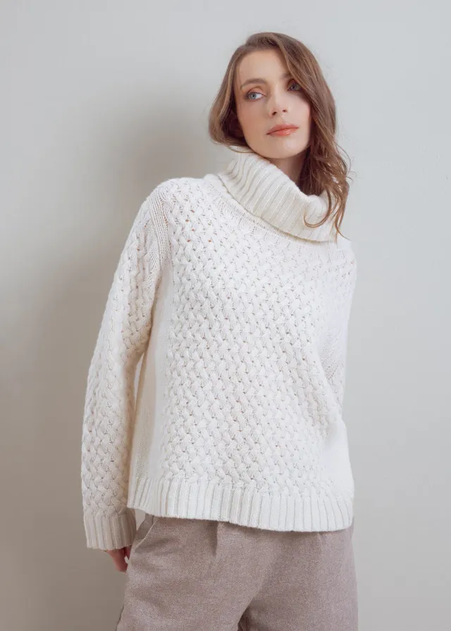 Senatex Rollkragenpullover Zopf reine Wolle Cream