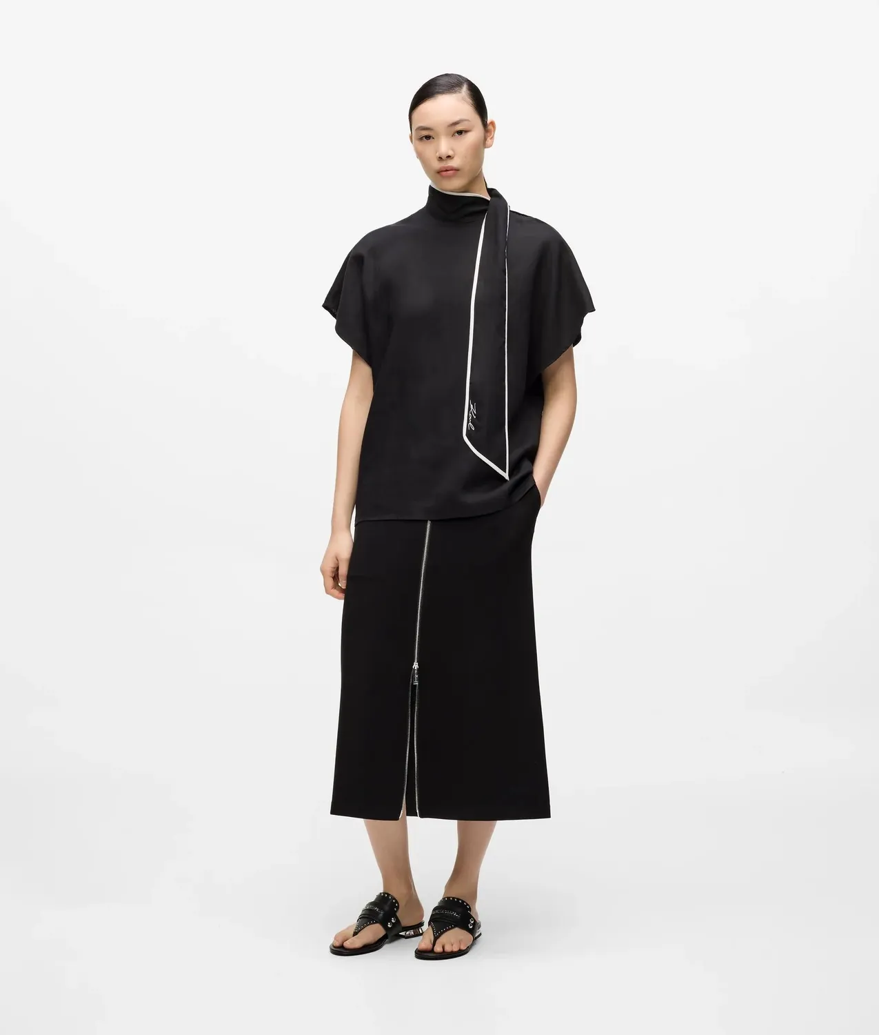 Karl Lagerfeld Linen Blend Bluse Kurzarm Bindeband