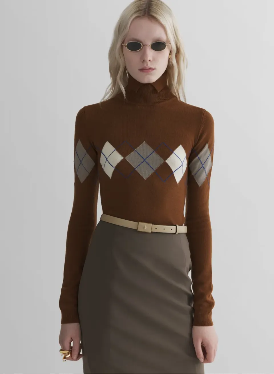 Mugler Argyle Top Braun Wollmix Figurbetont