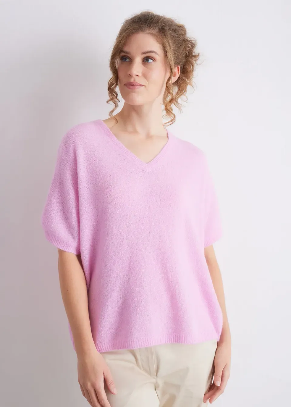 Senatex Kurzarm-Strickpullover V-Ausschnitt Alpakamix Candy