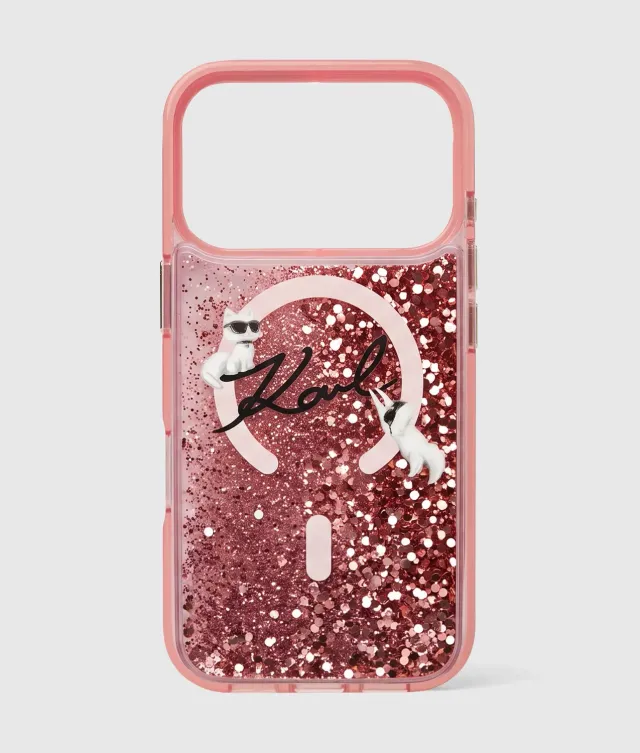 Karl Lagerfeld Ikon Choupette iPhone 17 Pro Hülle Pink Glitzer