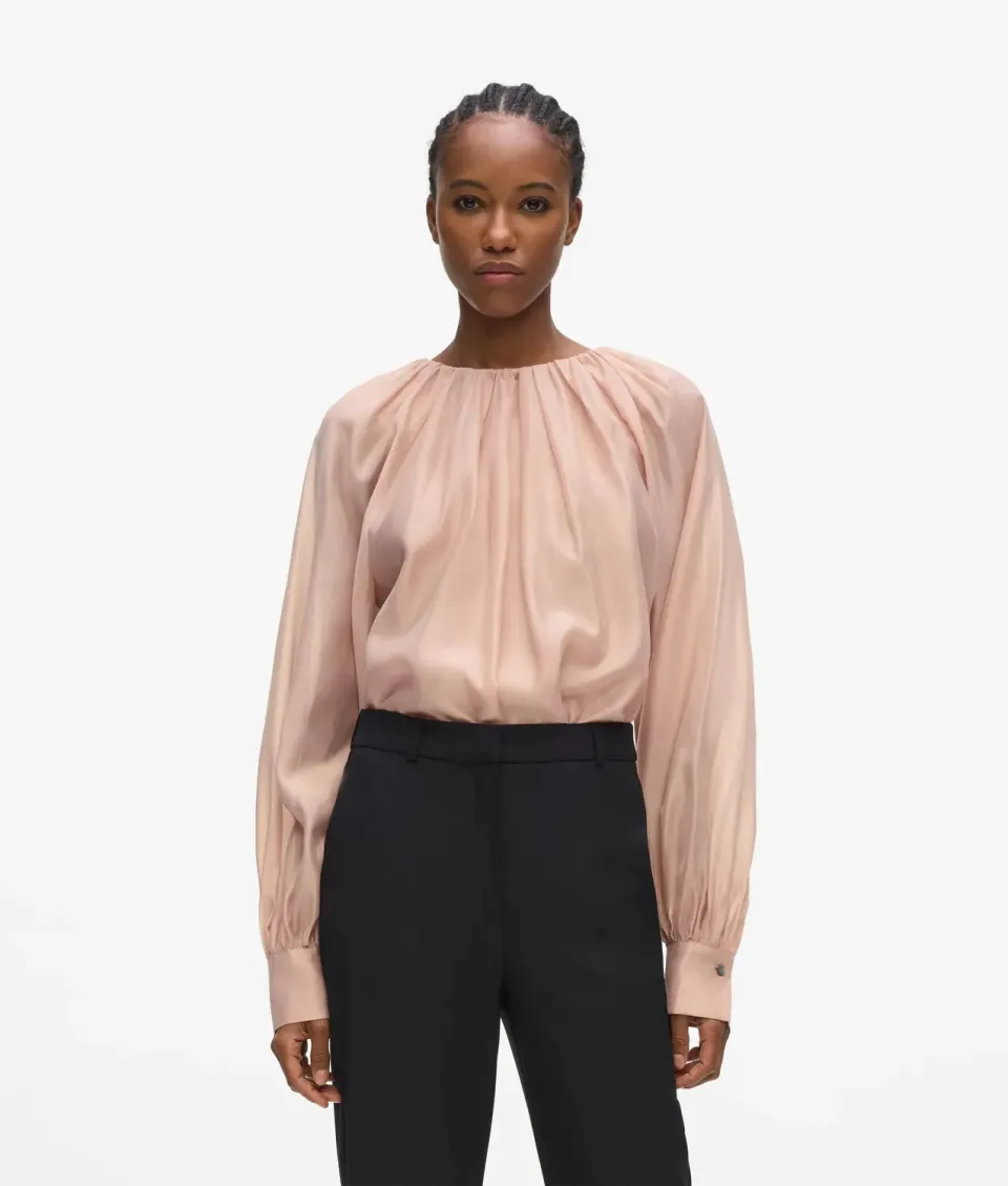 Karl Lagerfeld Gathered Neck Bluse Weiß gerafft Knopfmanschette