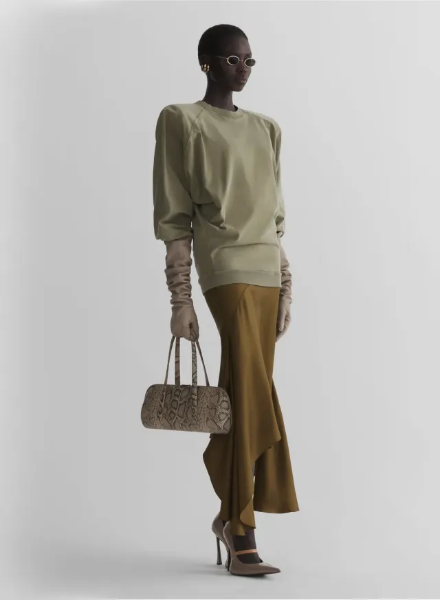 Mugler Asymetric Fluid Midi-Rock khaki Seide