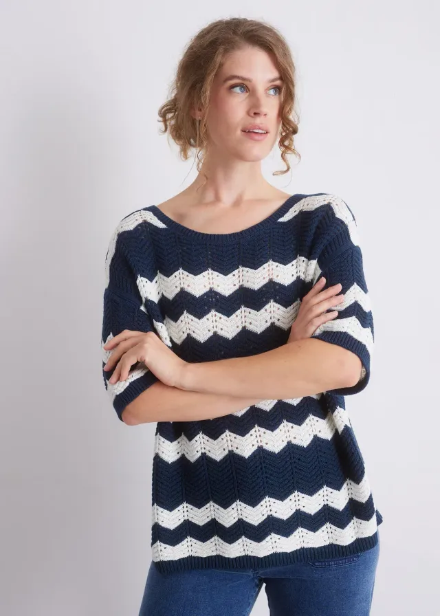 Senatex Strickpullover Zickzack Rundhals Indigo Combo Baumwolle