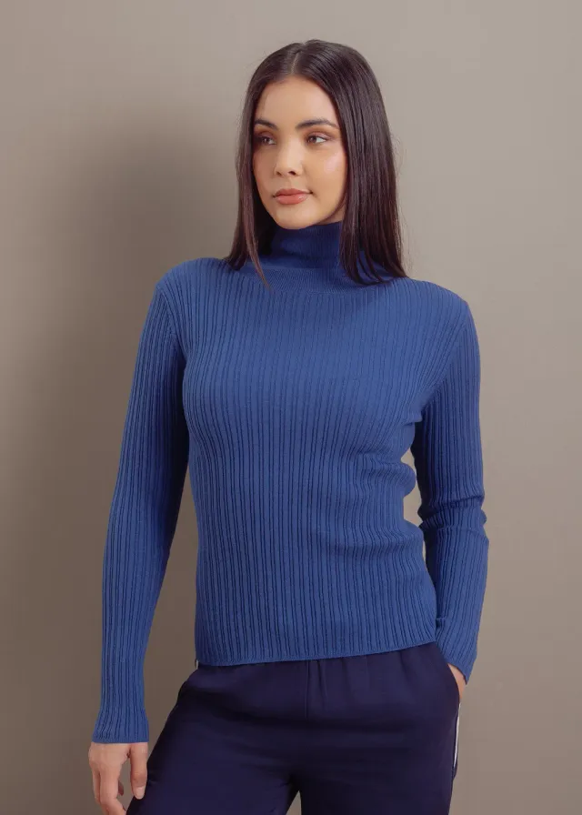 Senatex Rippenpullover Stehkragen Kaschmirpullover Denim XS