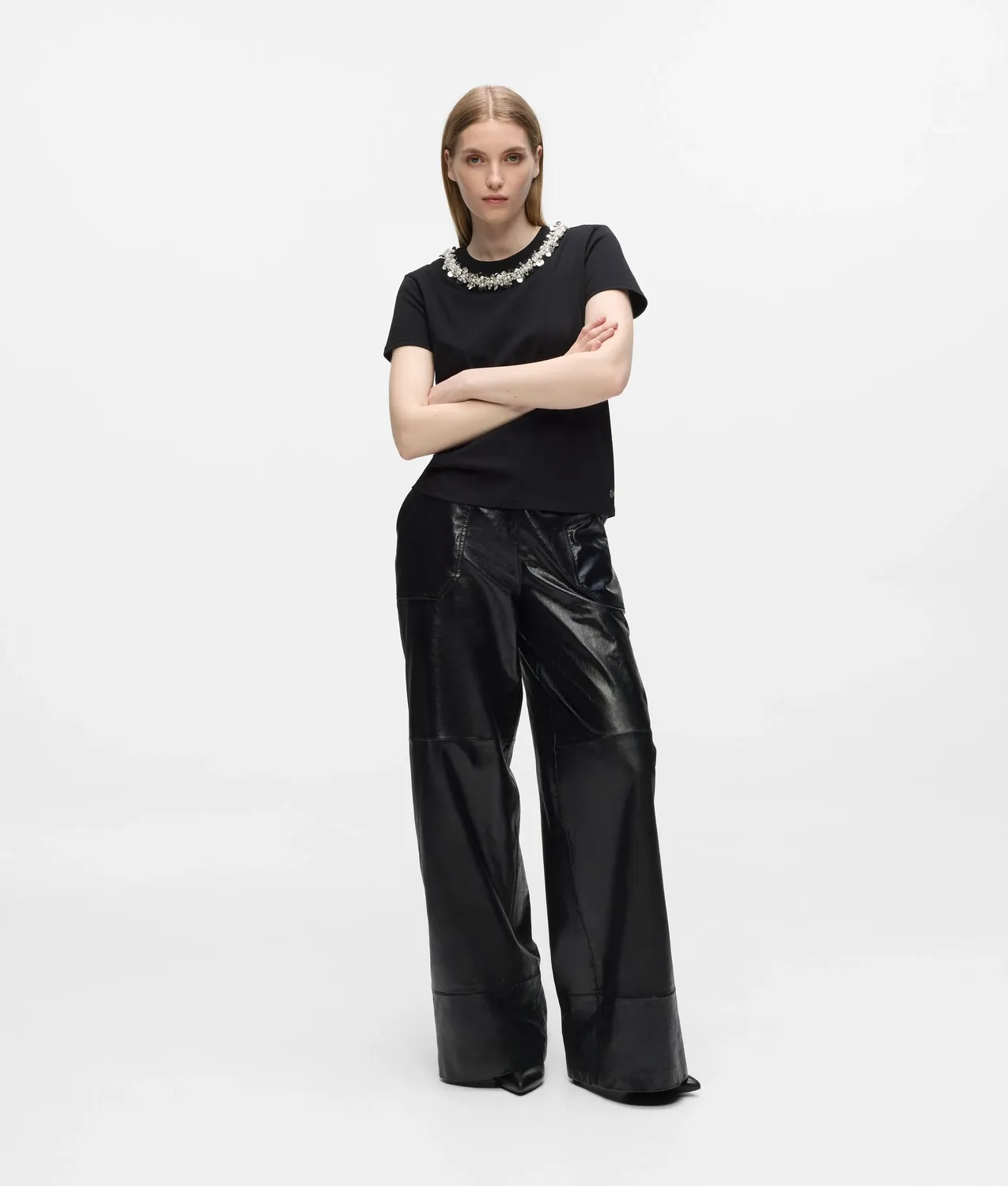 Karl Lagerfeld Beaded Collar T-Shirt Damen Perlen Bio