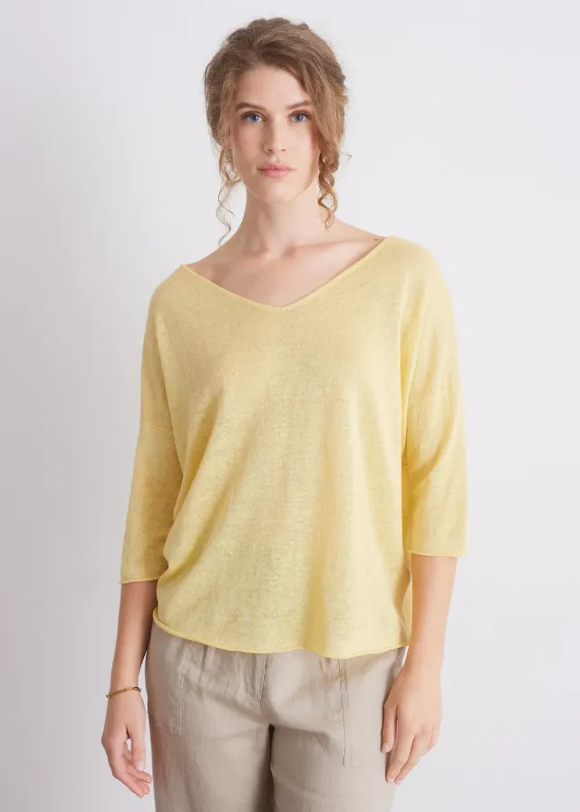 Senatex Leinenpullover mit V-Ausschnitt Pullover Weiß Leinen