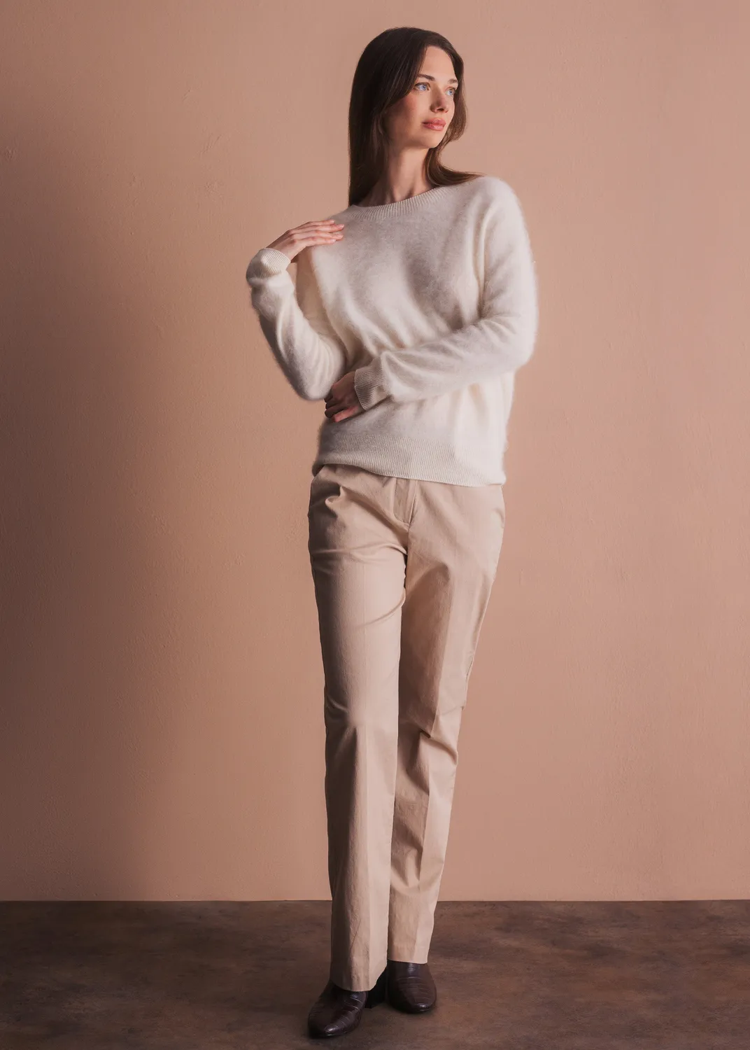 Senatex Rundhals Pullover gebrushtes Garn Cream