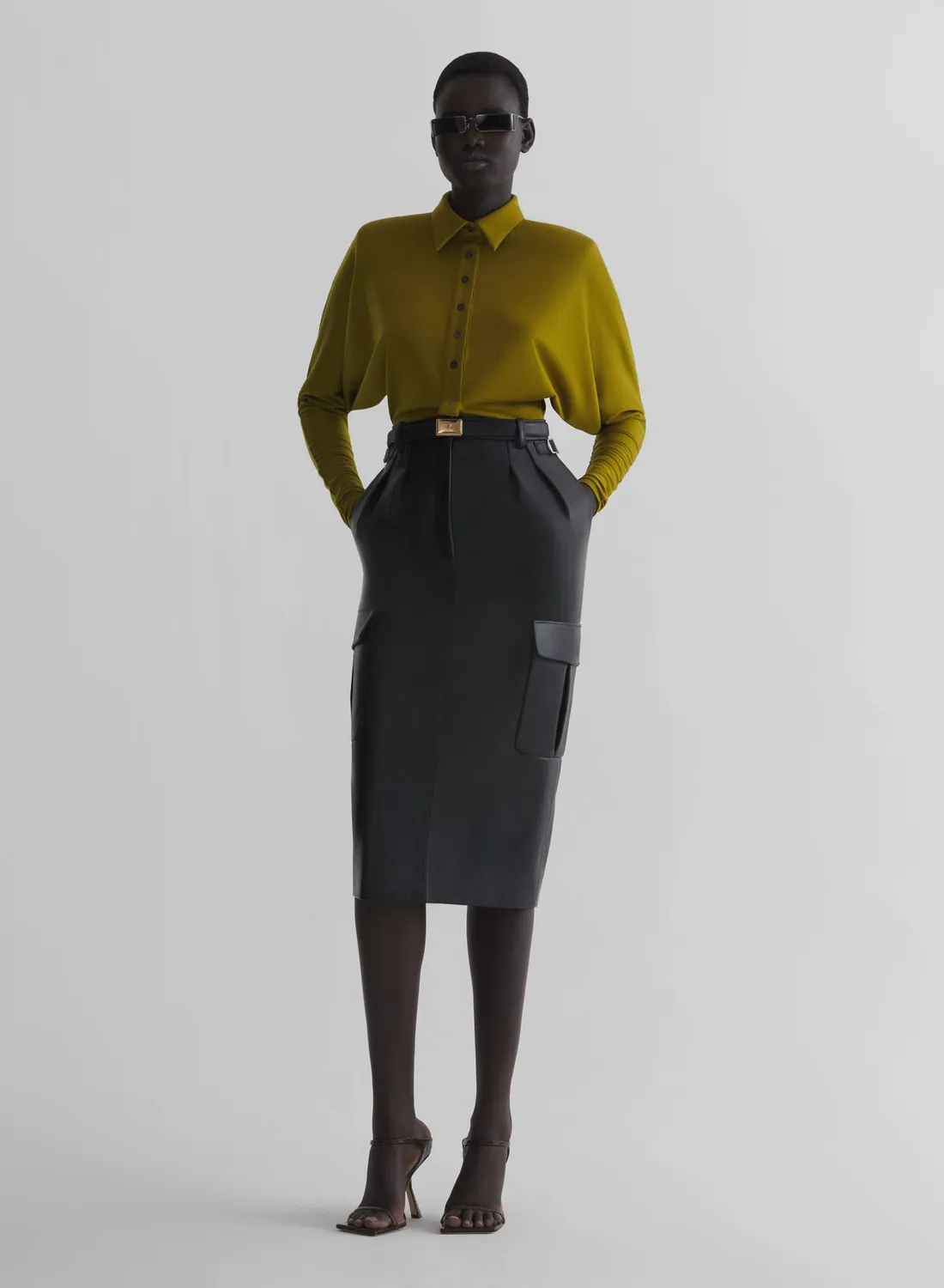 Mugler Polo Bodysuit Olivgrün Fledermaus Langarm