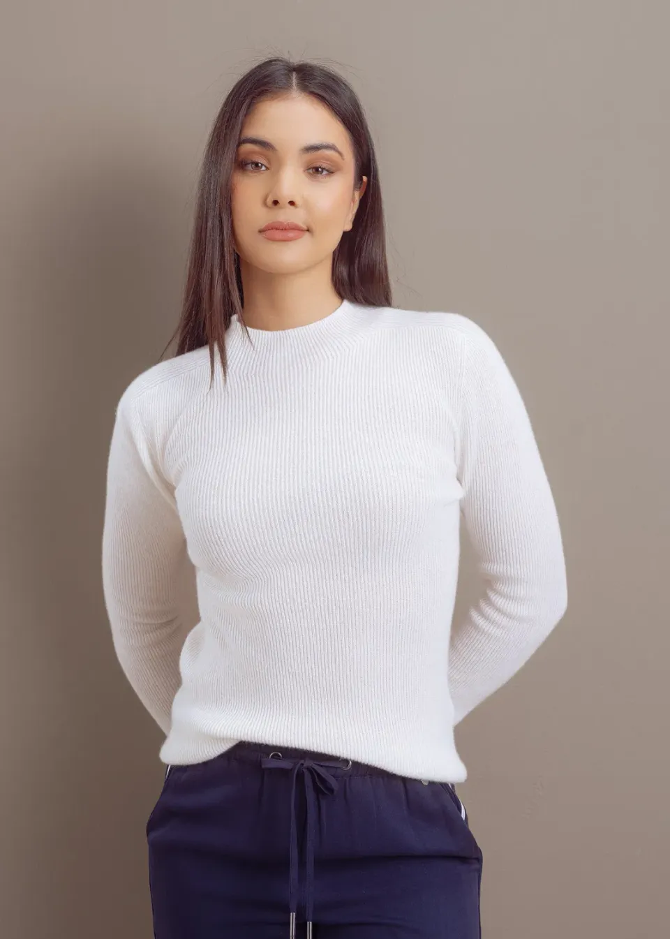 Senatex Kaschmirpullover Pullover Cream Stehkragen Ripp
