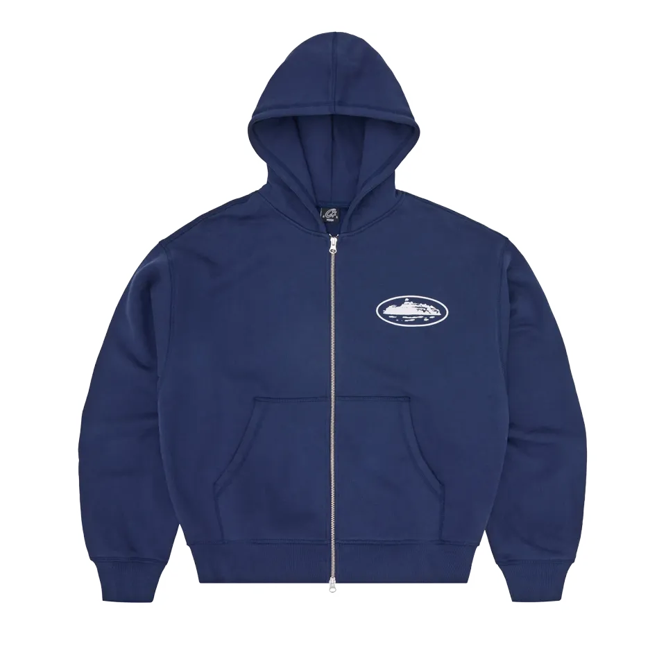 Corteiz Island Puff Print Zip Hoodie Navy Baumwolle