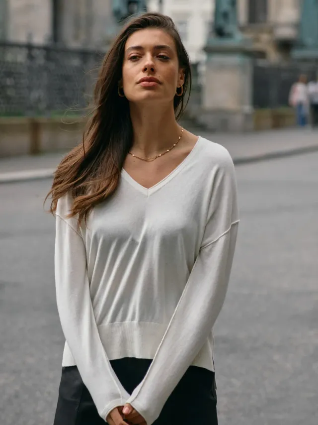 Mos Mosh MMTani V-neck Knit Pullover Ecru Baumwolle