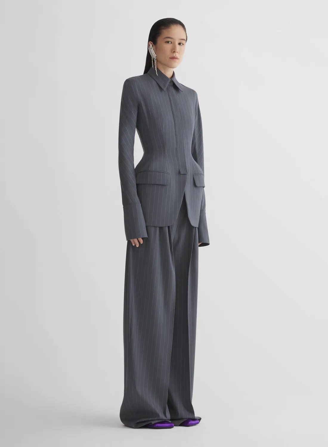 Mugler Pinstripe Wide Pleated Hose Grau Wolle weit