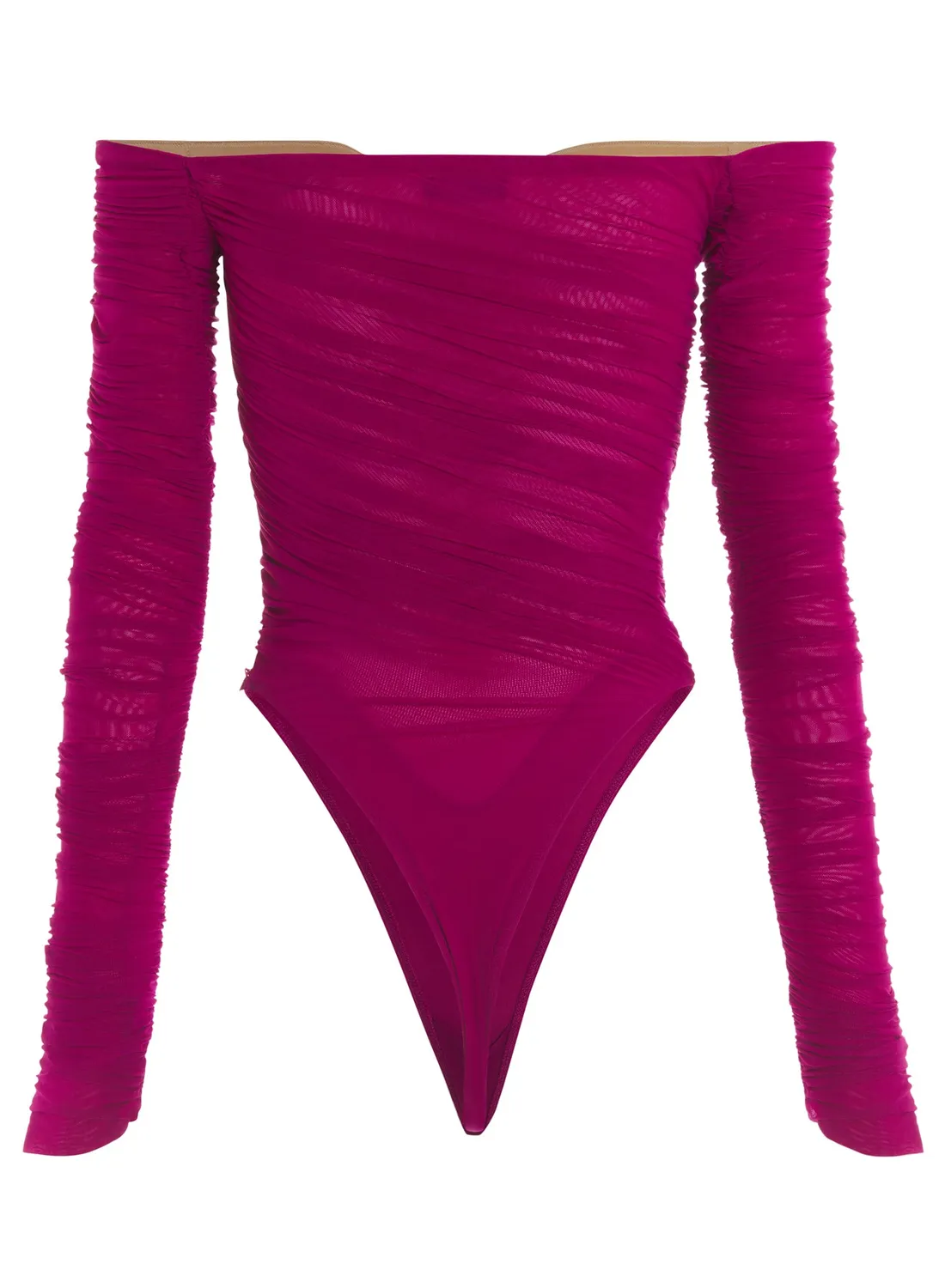 Mugler Ruched Mesh Body Magenta Langarm