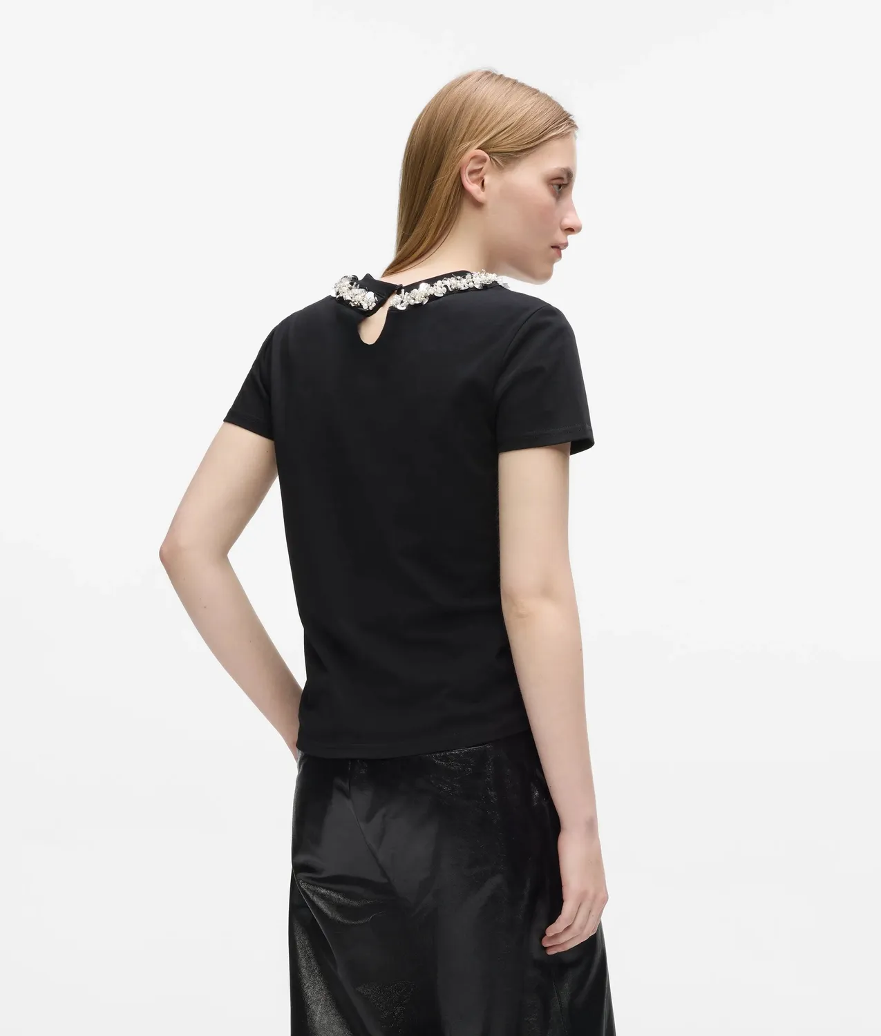 Karl Lagerfeld Beaded Collar T-Shirt Damen Perlen Bio