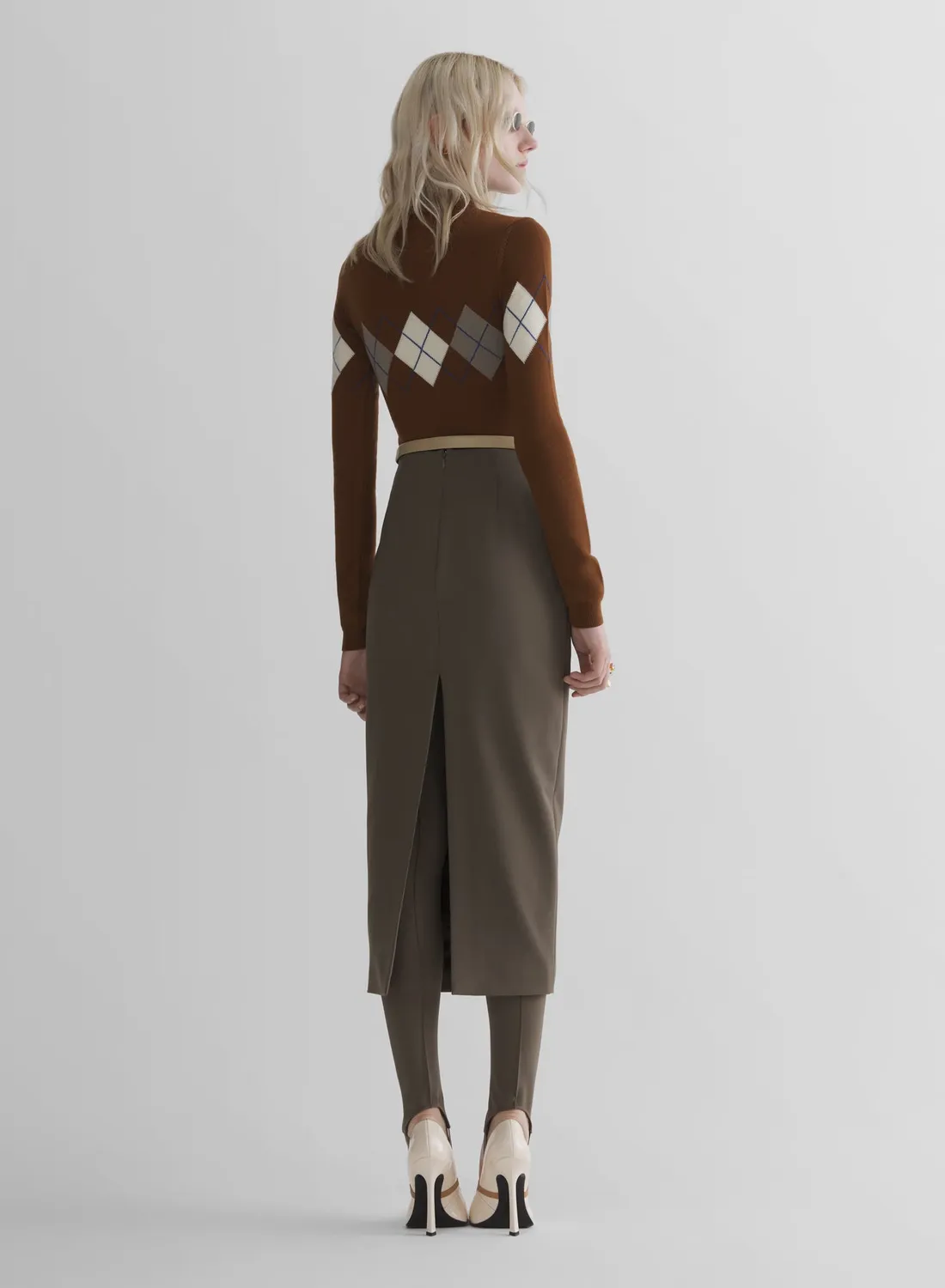 Mugler Argyle Top Braun Wollmix Figurbetont