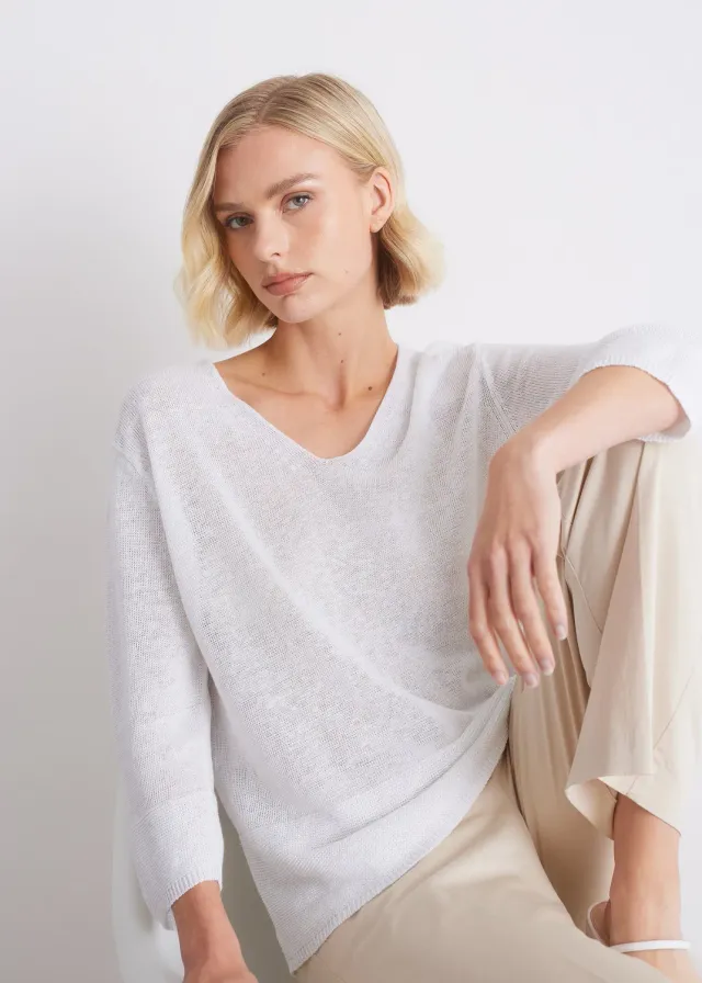 Senatex Leinenpullover V-Ausschnitt White locker