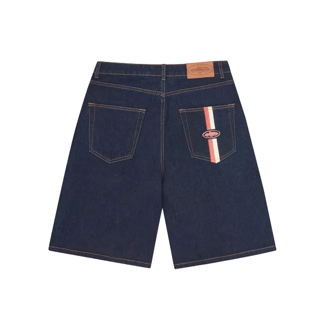 Corteiz Dual Stripe Denim Short Washed Indigo Baumwolle