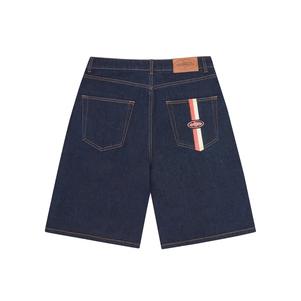Corteiz Dual Stripe Denim Short Washed Indigo Baumwolle