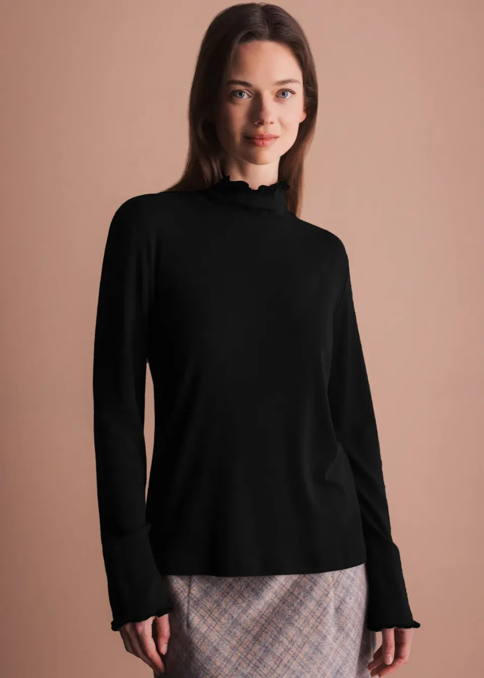 Senatex Shirt mit Rüschenkragen Beige Seiden-Mix