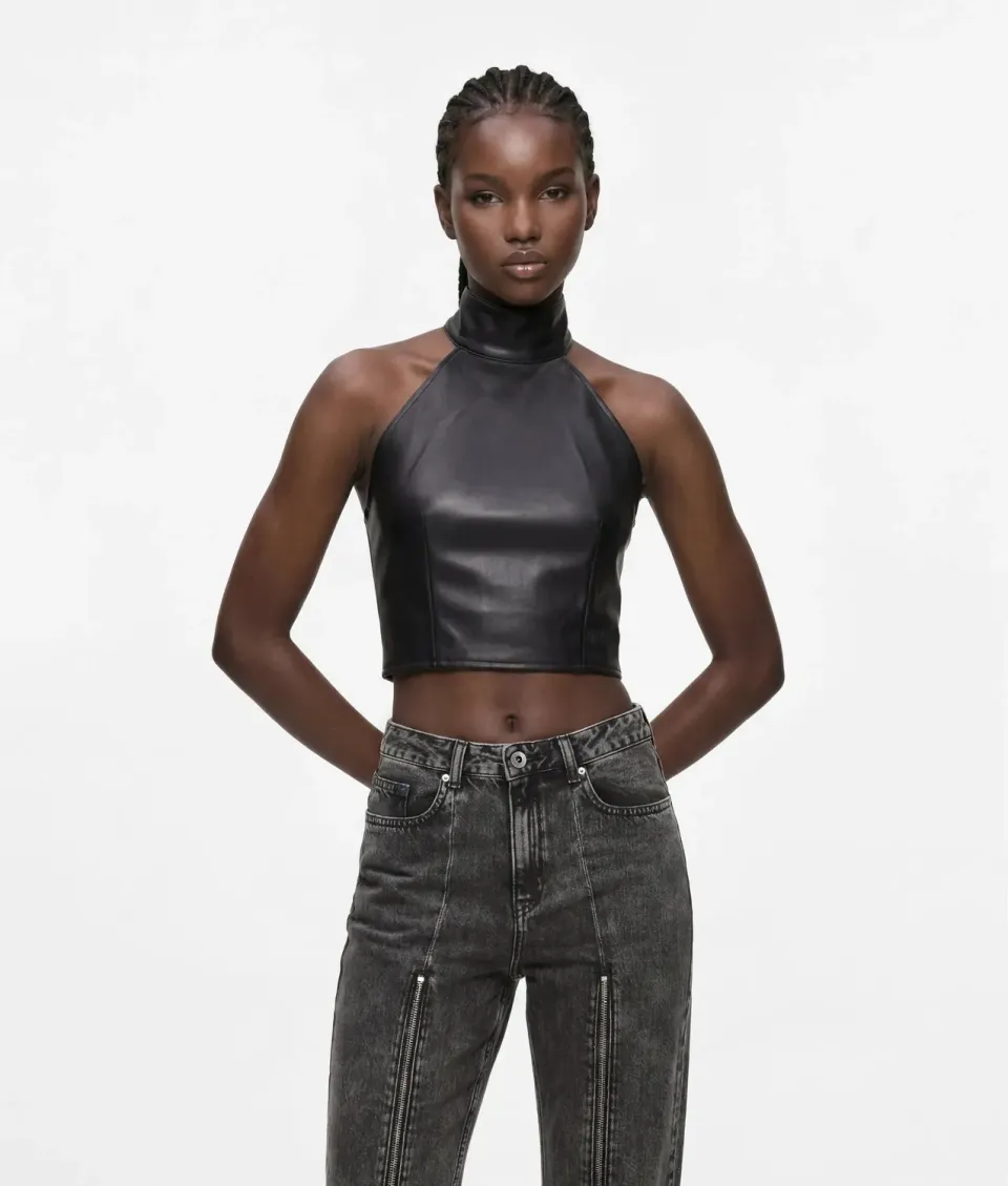 Karl Lagerfeld KL Jeans Neckholder Top Kunstleder schwarz