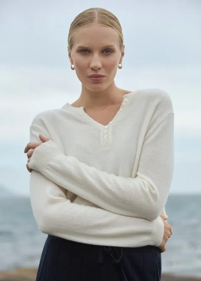 Senatex Kaschmirpullover Knopfleiste Cream Slim Fit