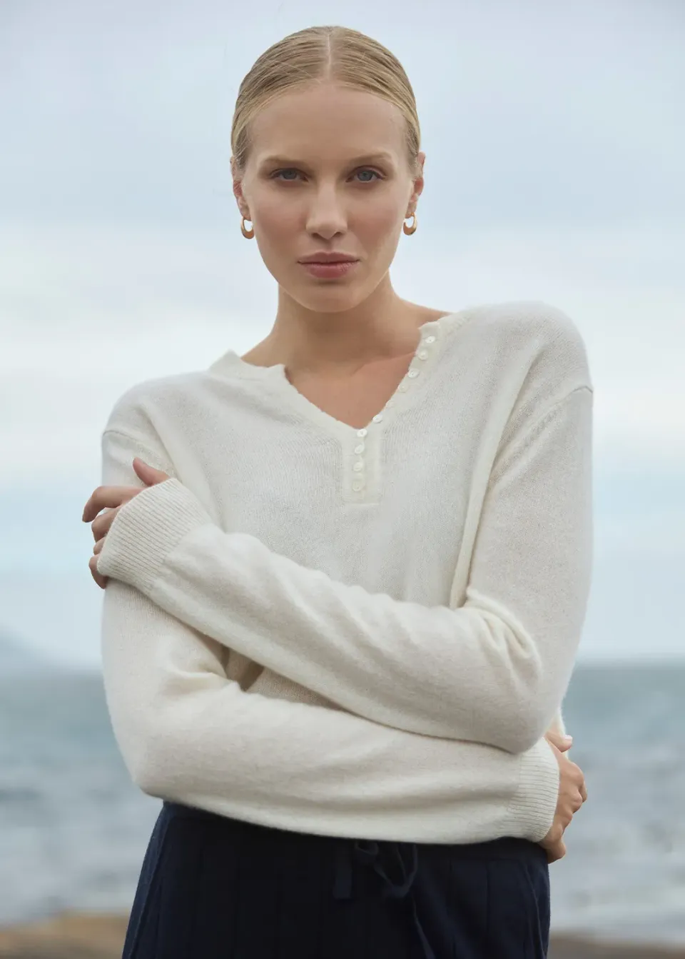 Senatex Kaschmirpullover Knopfleiste Cream Slim Fit
