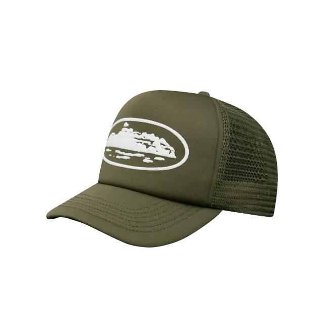 Corteiz Island Puff Print Trucker Hat Olive Cap