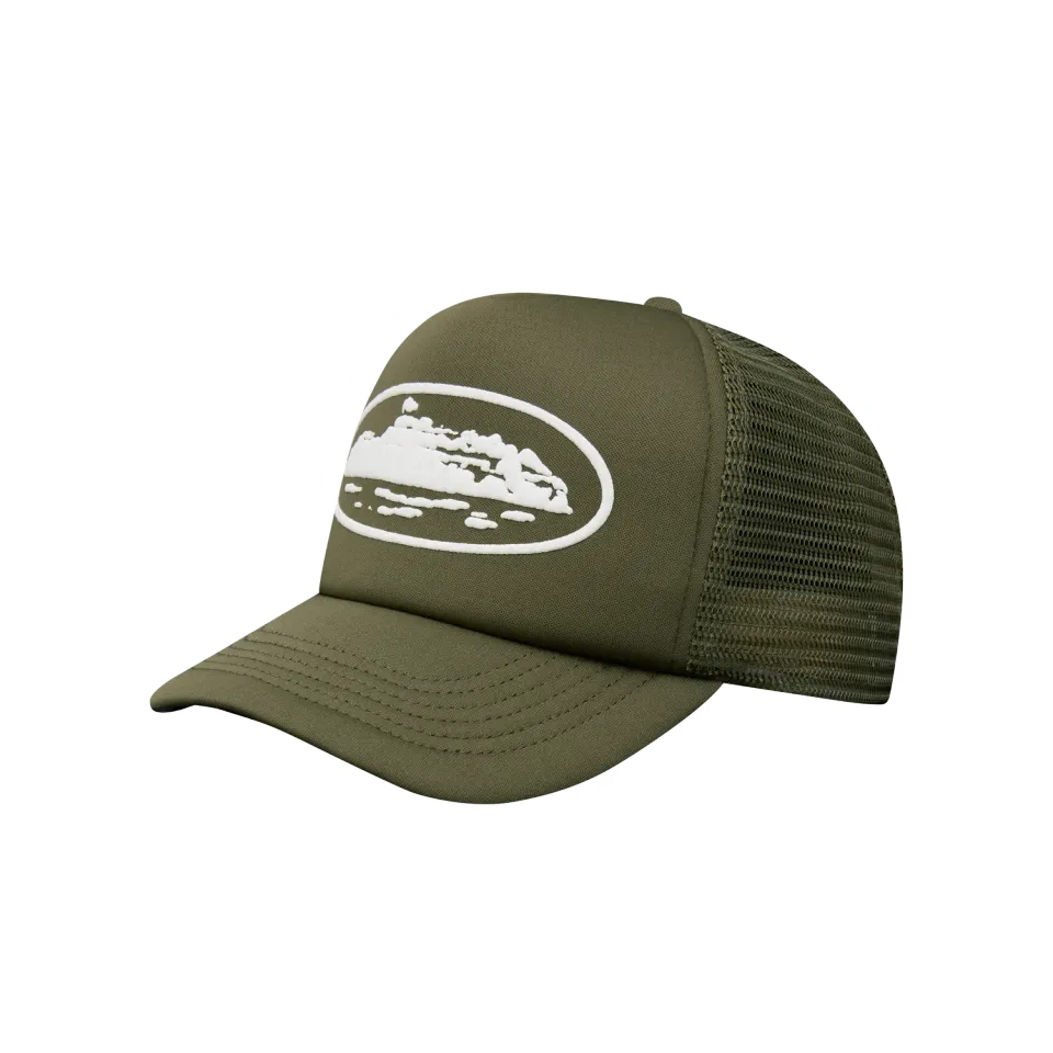 Corteiz Island Puff Print Trucker Hat Olive Cap