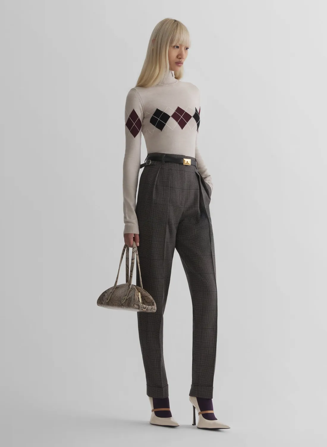 Mugler Argyle Top off-white Wollmix Stehkragen