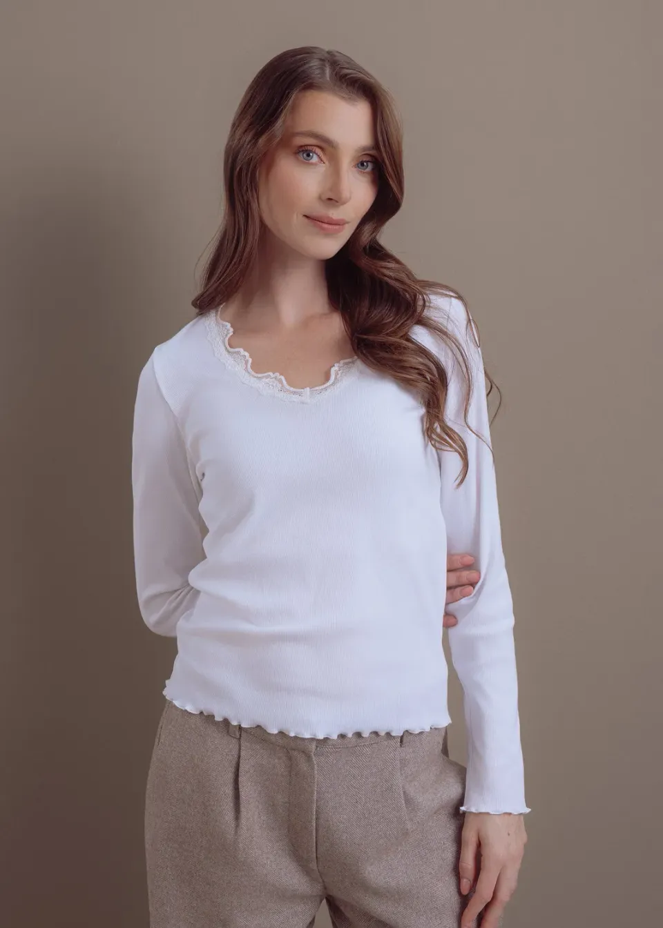 Senatex Ripp-Shirt mit Spitze Langarmshirt Cream Baumwollmix