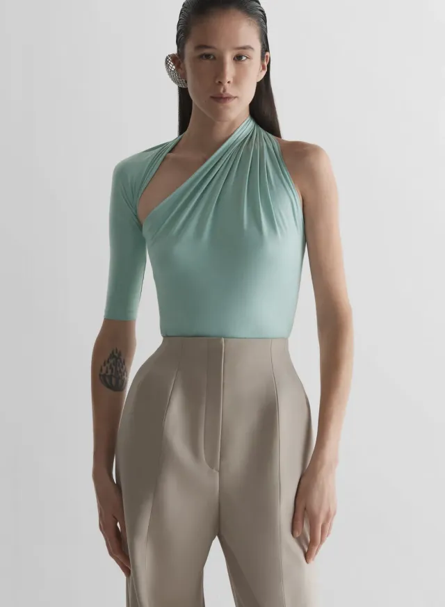 Mugler Draped Loop Jersey Top Blau Seide