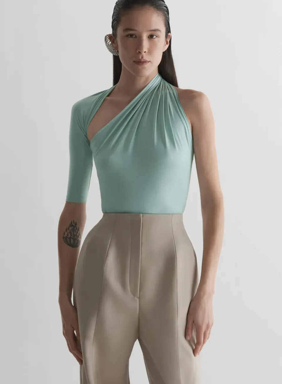 Mugler Draped Loop Jersey Top Blau Seide