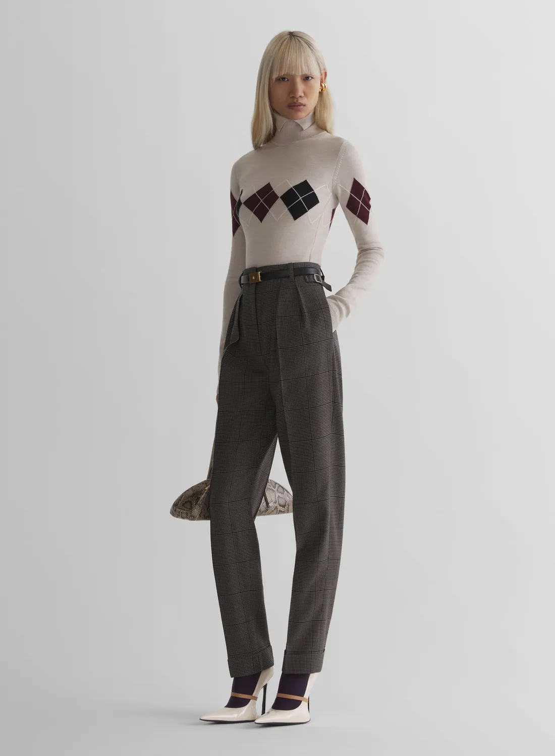 Mugler Argyle Top off-white Wollmix Stehkragen