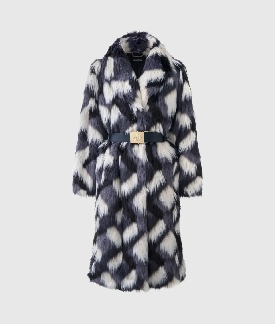 Karl Lagerfeld Belted Maxi-Mantel Kunstfell abstrakt