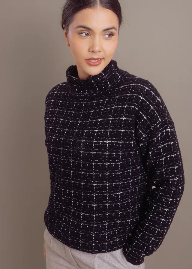 Senatex Pullover Bouclé Wolle-Kaschmir Black Combo Karo