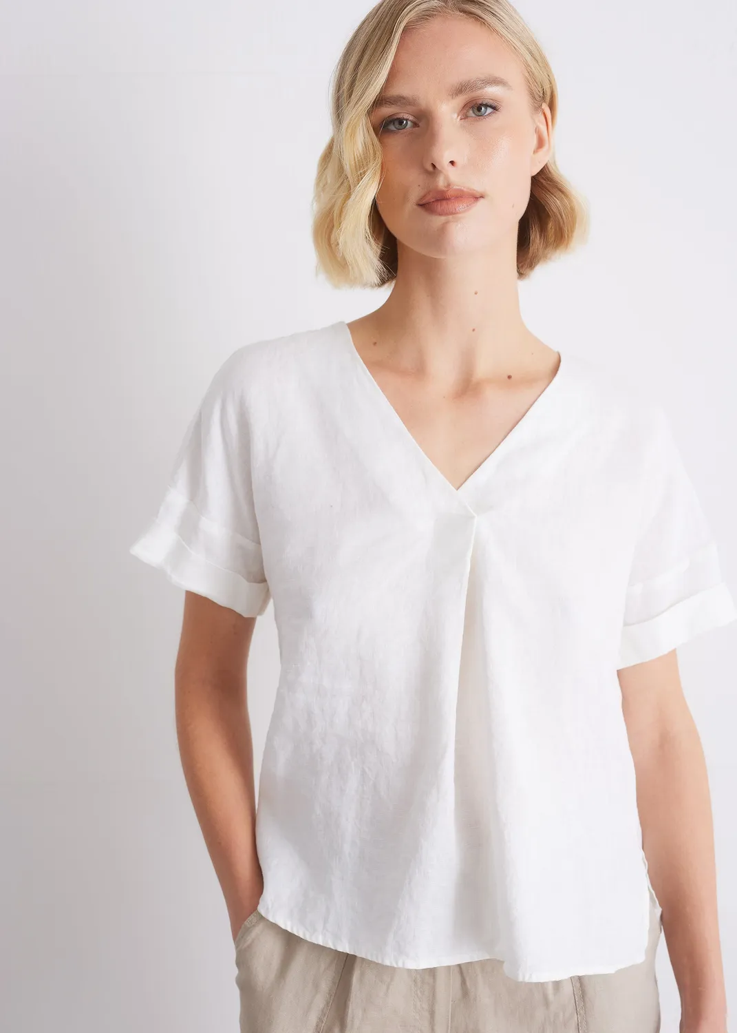 Senatex Bluse Leinen V-Ausschnitt Off-White Kurzarm
